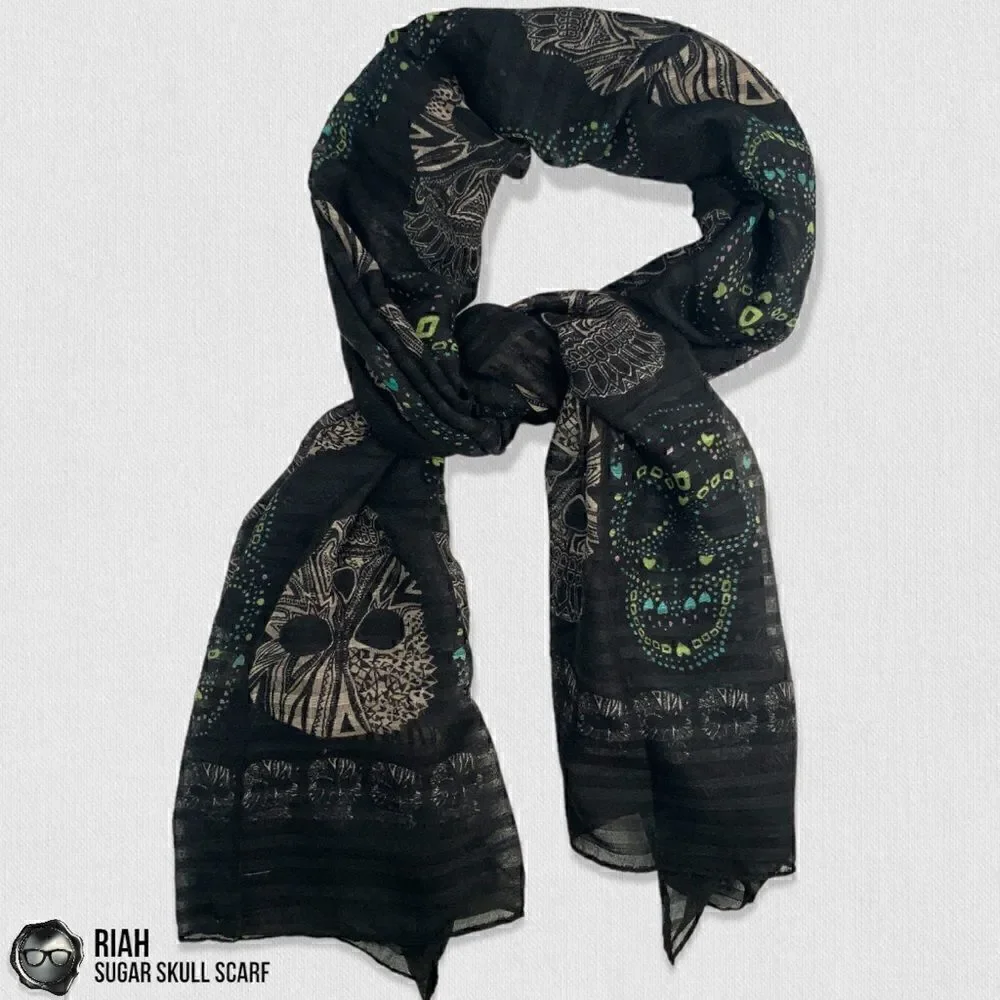 LIGHTWEIGHT GAUZY SUGAR SKULL PRINT SCARF WRAP SHAWL IN BLACK HALLOWEEN MUERTOS